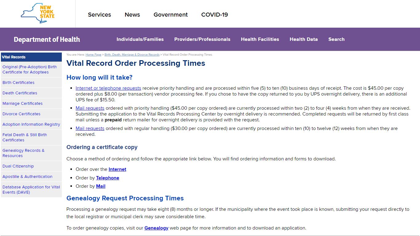 Vital Records Processing Times - New York State Department of Health